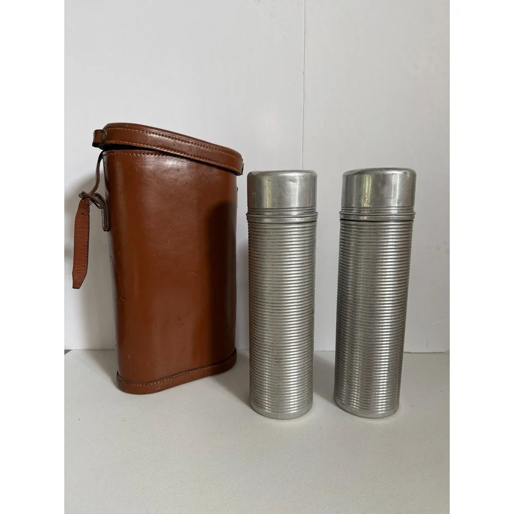 Vintage Thermos Aluminum Ribbed Flask Set Vacuum with Brown Leather Carry Case